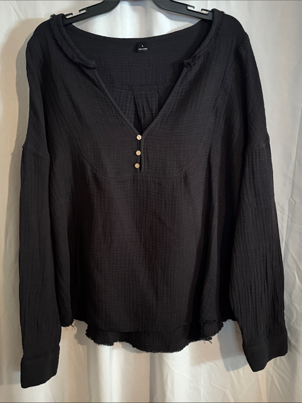 Women’s Oversized Casual Black Gauze Long-Sleeve Henley Top With Raw Edge